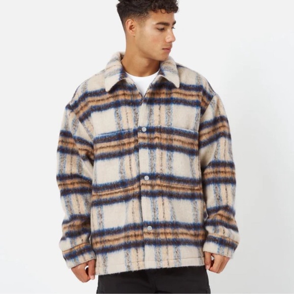 Levi's Men's portoloa wool Cream and Blue Plaid Jacket - Picture 3 of 11